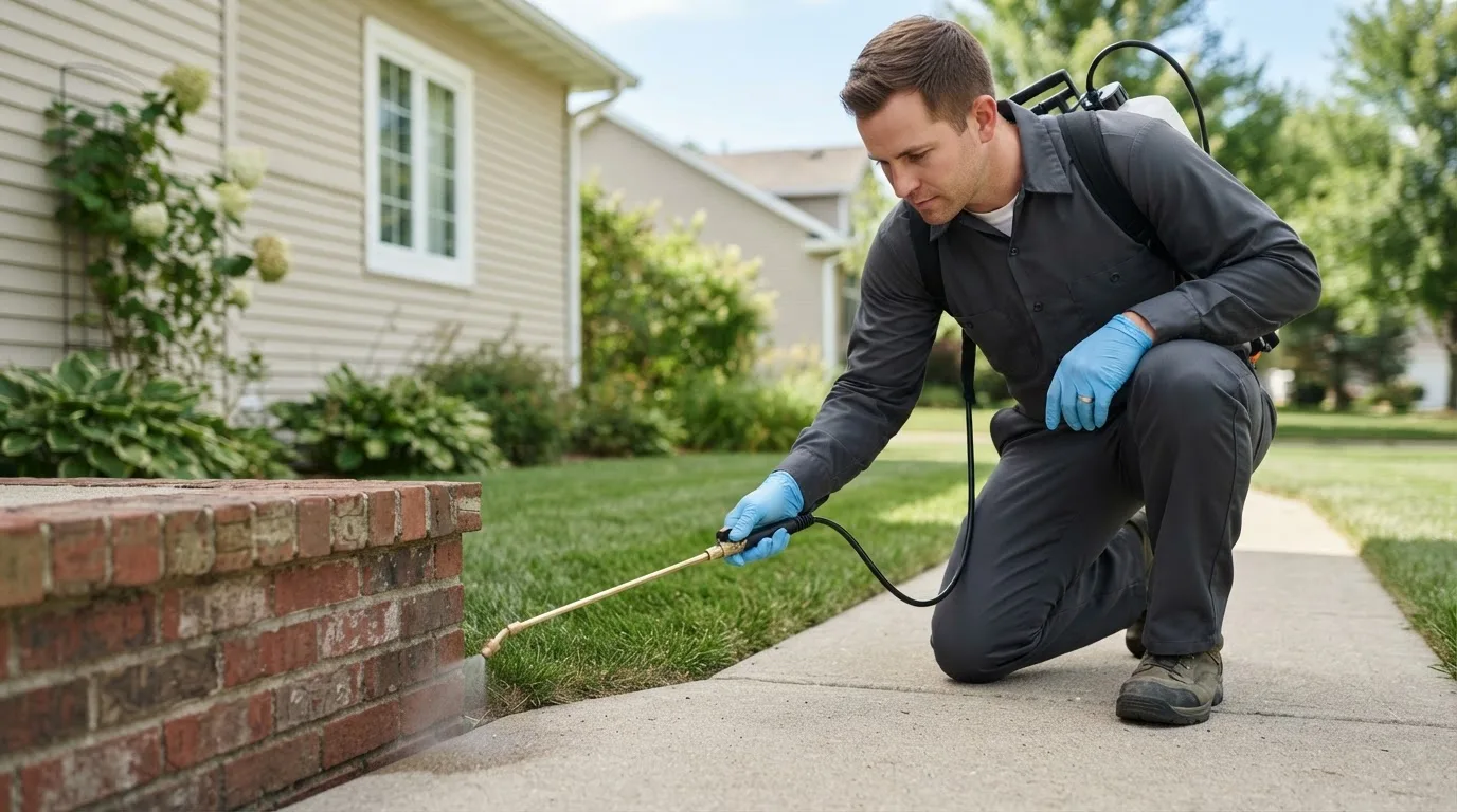 Pest control technician treating a home near La Verne, CA